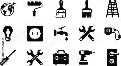 Home improvement and house repair icon set featuring tools for renovation construction maintenance and diy projects isolated on white background for professional stock design.