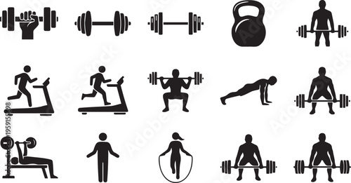 Fitness gym icons set, 15 workout vector silhouettes, bodybuilding and weightlifting symbols