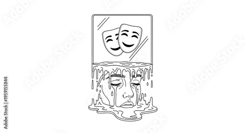 Sad face under water with comedy tragedy masks on screen above