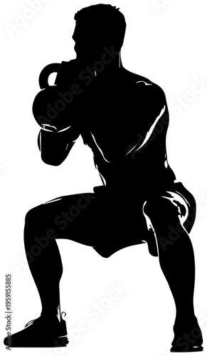 Man performing kettlebell swing exercise in squat position with heavy weight silhouette style illustration for fitness and workout concepts