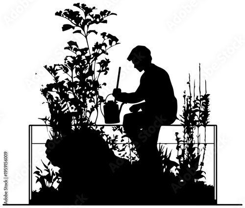 Person aquascaping aquarium with plants and tools in a serene environment for hobby or leisure activity