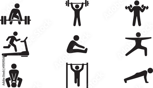 Fitness gym icon set, 9 workout vector silhouettes, bodybuilding and yoga exercise symbols