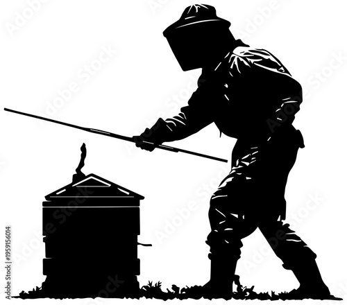 Beekeeper in protective gear smoking hive with tool apiculture silhouette