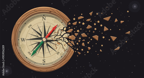 Compass breaking apart with fragments flying off into space on a starry night background