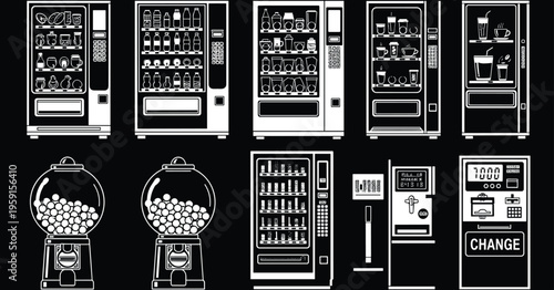 Vending machine icon set featuring snack dispensers beverage machines coffee makers gumball machines and currency change equipment in white line art isolated on black background.