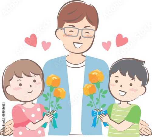 父の日にバラの花を渡す男の子と女の子