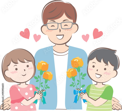 父の日にバラの花を渡す男の子と女の子