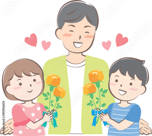 父の日にバラの花を渡す男の子と女の子