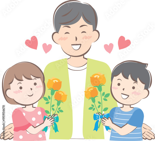 父の日にバラの花を渡す男の子と女の子