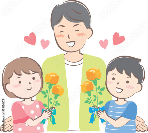 父の日にバラの花を渡す男の子と女の子