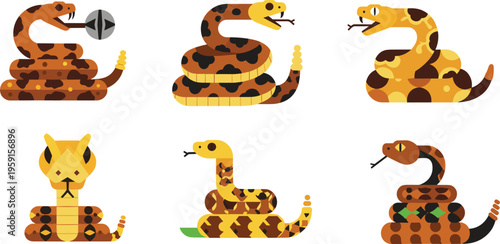 Snake Animal Character Set with Different Poses Coiled Hissing Facing and Stylized Patterns Flat Cartoon Vector Illustration Collection