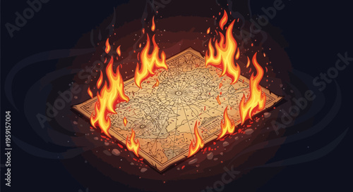 Burning square flame on textured surface with dark background and heat waves