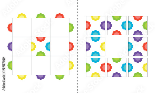 Match Puzzle for kids. Colorful flower pattern matching activity. Neuropsychological exercises for preschool and kindergarten fine motor skills, attention and logic game. 
