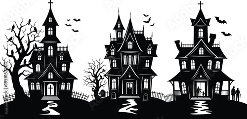 Halloween haunted house silhouette collection with spooky mansions, bats, dead trees, gothic architecture, cemetery fences, horror landscape, a