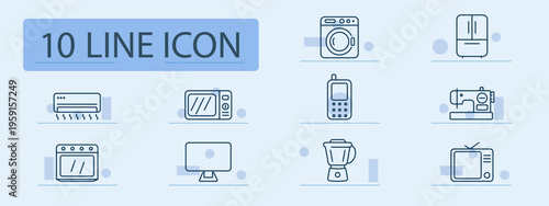 Household appliances set icon. Outline home equipment symbols, washing machine, refrigerator, air conditioner, microwave oven, mobile phone, sewing machine, stove oven, monitor