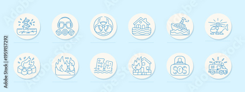 Emergency set icon. Outline pack with oil rig spill, gas mask, biohazard helmet, flooded house, sinking ship, rescue helicopter, fire cubes, wildfire forest, collapsed buildings, burning home