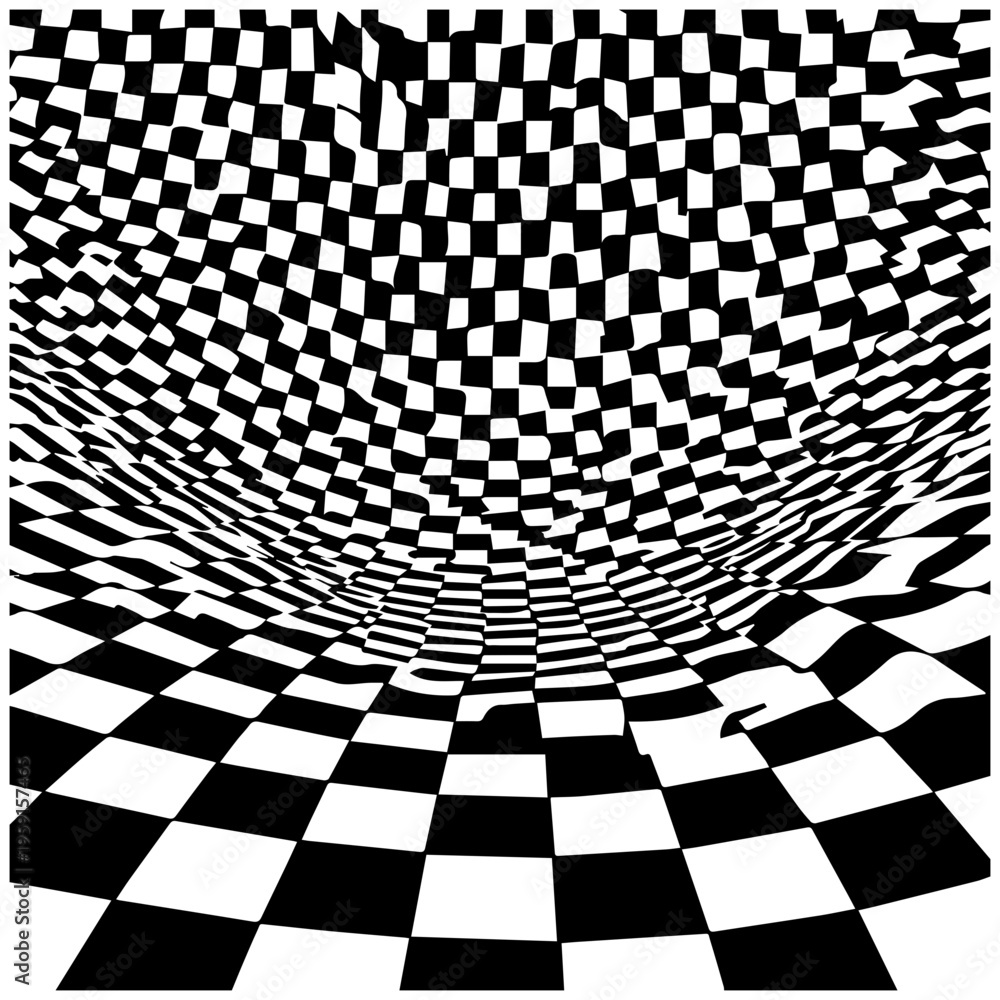 Naklejka premium Warped checkered grid pattern with distorted squares optical illusion black and white abstract background texture