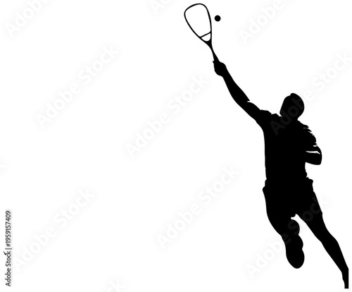Squash player in dynamic motion hitting ball against wall with racket silhouette on white background