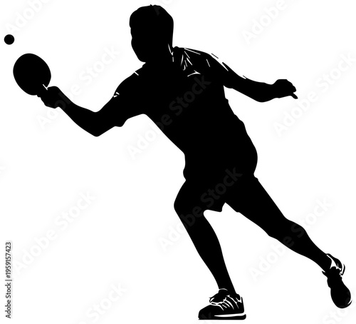 Table tennis player in dynamic motion hitting ball with paddle silhouette against white background action shot