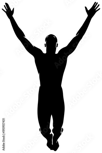 Trampolinist jumping high with arms raised in mid air silhouette against white background dynamic sports illustration
