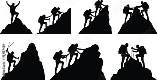 Set of Mountain Climber Silhouettes Featuring Teamwork Achievement Success Leadership and Hiking Adven