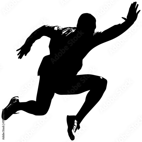 Athlete in dynamic motion performing triple jump with one leg extended silhouette against white background