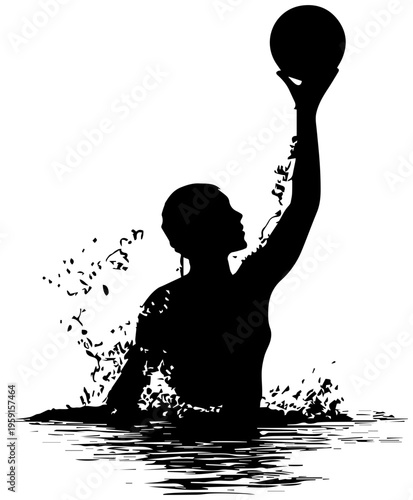 Water polo player treading water with ball raised in black silhouette dynamic aquatic sports scene with splashing effect