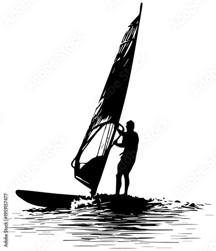 Windsurfer in action on calm water balancing with sailboard and harness serene aquatic adventure