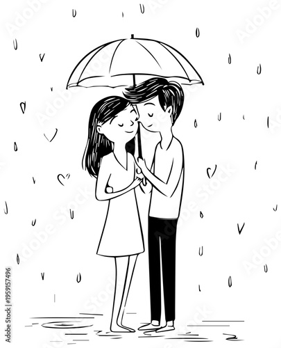 Couple sharing an umbrella on a rainy day romantic moment under raindrops love and togetherness concept black and white doodle illustration