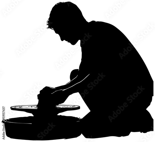 Person kneeling hands on pottery throwing clay on a wheel for ceramics hobby and leisure activity in a creative workspace