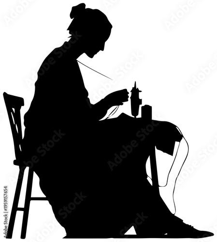 Person quilting with needle and thread seated in chair craft hobby leisure activity silhouette