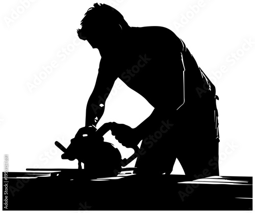 Person woodworking with saw cutting wood focused silhouette