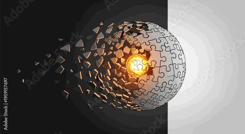 Puzzle pieces coming together to form a complete puzzle with a glowing light inside on black and white background