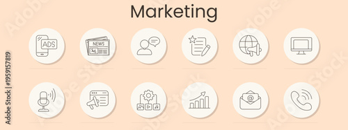 Marketing set icon. Mobile ads, newspaper, user speech, review list, global megaphone, monitor, microphone, campaign page, media settings, growth chart, email, phone call, promotion strategy