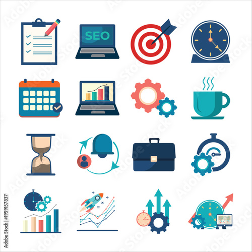 Business Productivity and Digital Marketing Flat Icon Set