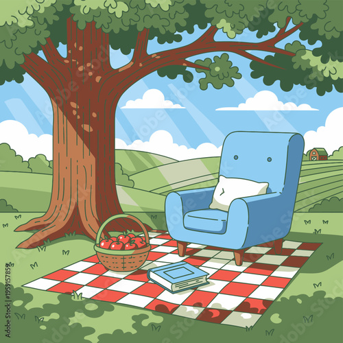 A blue armchair on a blanket.