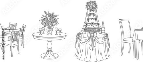 Wedding Table Setup and Decoration Set with Chairs, Floral Centerpieces, and Elegant Reception Arrangement in Detailed Line Art Style