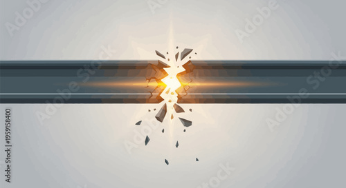 Explosive rupture of a metallic beam with glowing orange light and debris