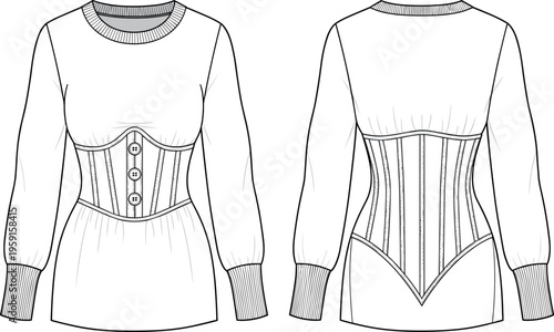 Technical fashion flat sketch of a women's long sleeve crewneck tunic dress featuring a buttoned corset waist and ribbed cuffs