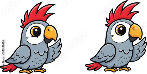 Cute cartoon parrot set with red crest and expressive eyes, colorful vector illustration of adorable tropical bird characters in playful style