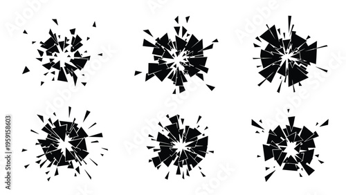 Collection of six black shattered glass or explosion patterns with sharp fragments isolated on white background.