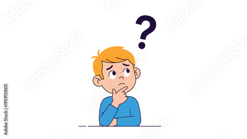 Young boy character with a thoughtful expression standing under a large question mark on white background.