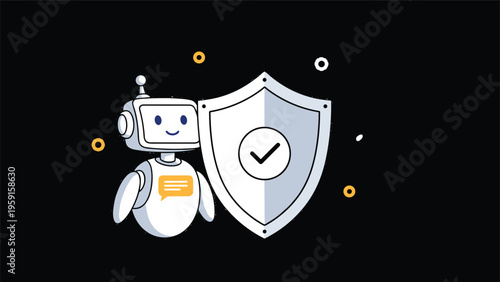 Friendly white robot character standing next to a large silver shield with a check mark for security protection.