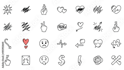 Diverse collection of hand drawn doodles including hearts arrows hands and abstract shapes on white background.