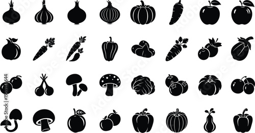 Black and white of various vegetables and fruits onion