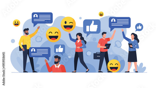 Group of diverse people interacting with various social media icons like speech bubbles likes and emojis on blue background.