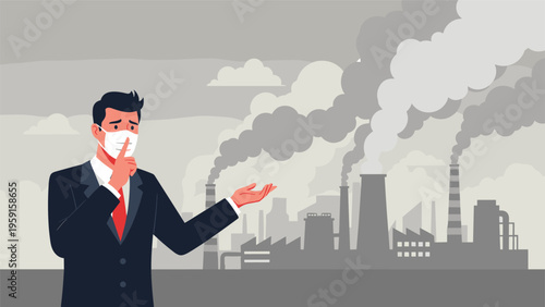 Concerned businessman wearing a protective face mask and gesturing towards industrial factories emitting smoke into the air.