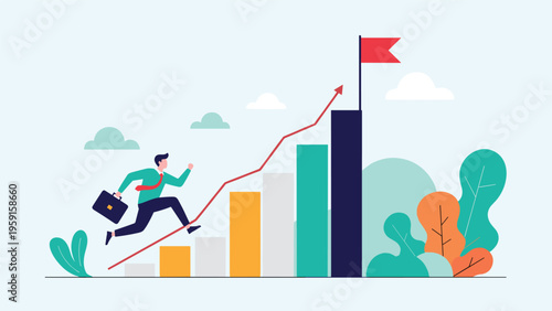 Ambitious businessman running up a rising bar chart towards a red victory flag representing career success and growth.
