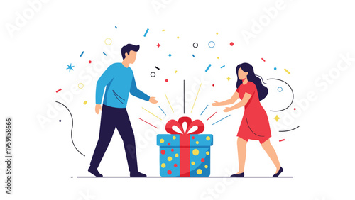 Man and woman opening a gift box with a red ribbon amidst colorful confetti for celebration surprise and holiday gifting concepts.