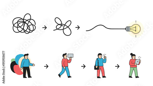 Sequence of symbols and characters showing the transition from confusion to clarity and creative idea implementation.